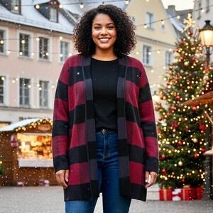 ModCloth Red Black Buffalo Plaid Open Front Cardigan Sweater Plus 4X Cotton